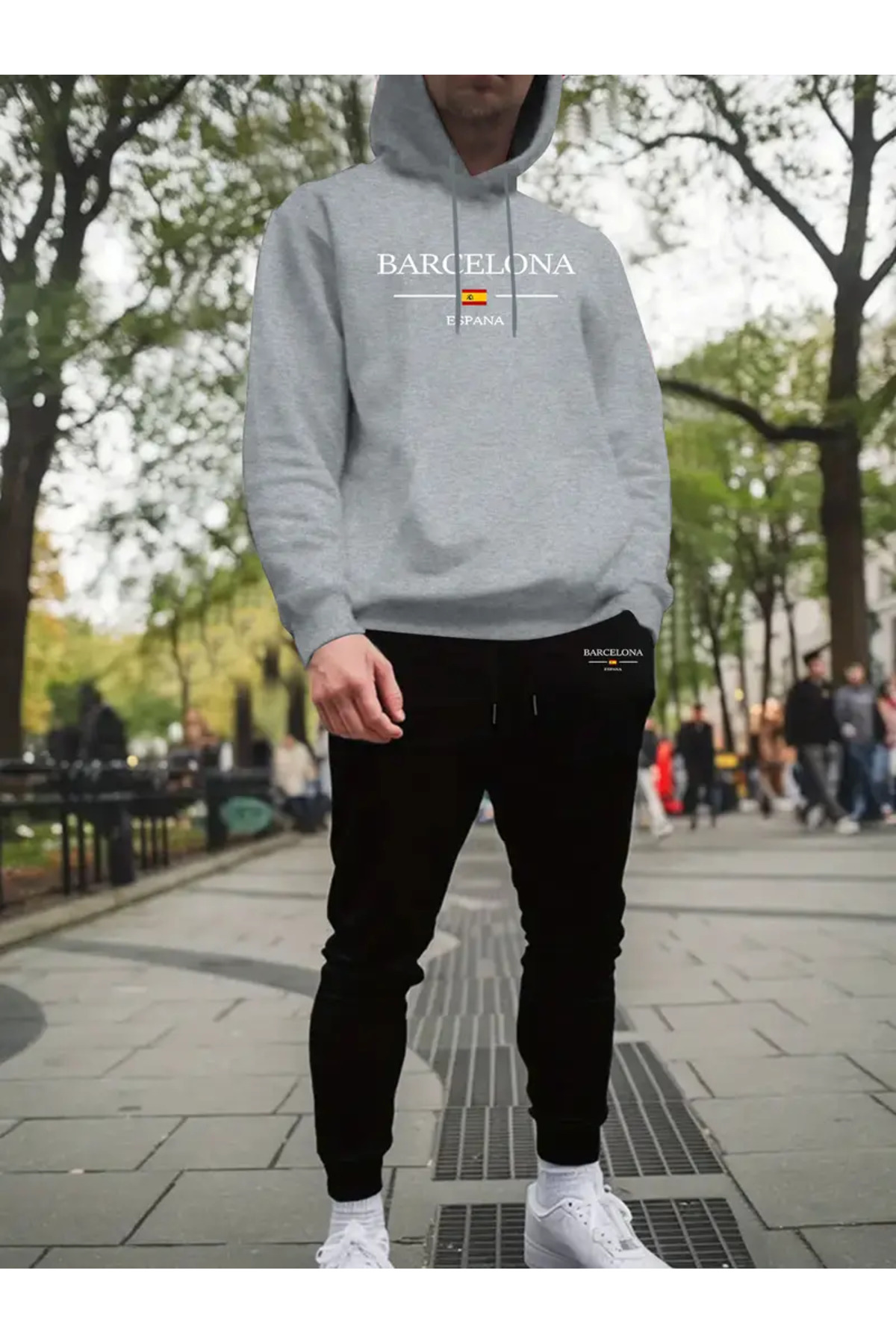 Unisex Barcelona España Kapüşonlu Sweatshirt + Jogger Eşofman Takımı - Gri