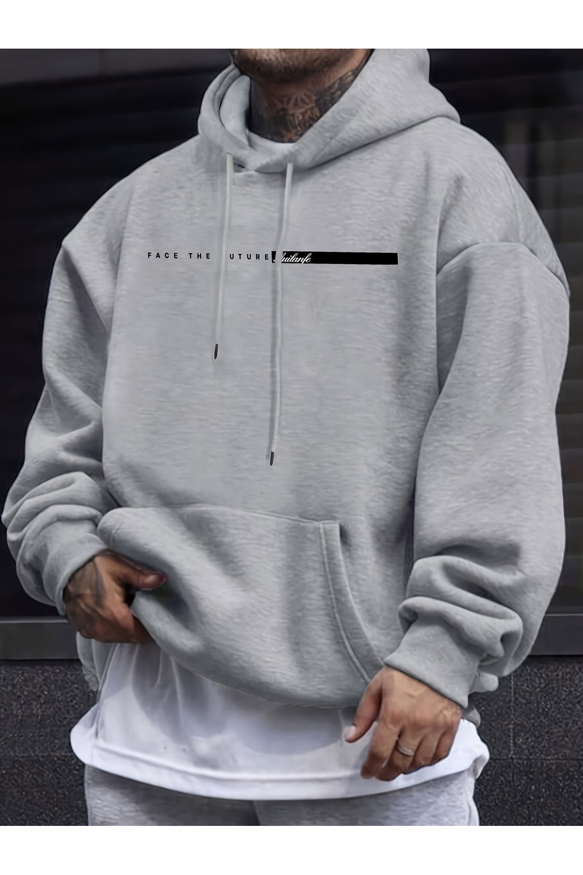 Unisex Oversize Kapüşonlu Sweatshirt Face The Future - Gri