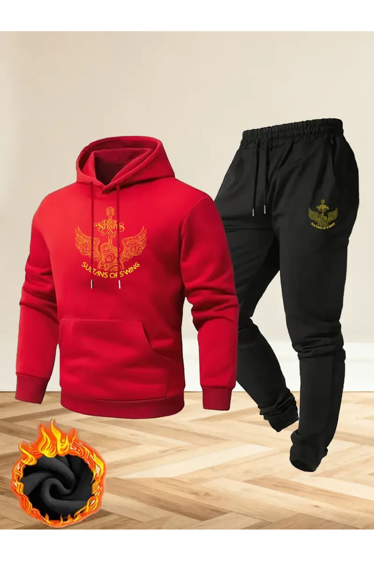 Unisex Oversize Sultans Of Swing – Gold Wing Baskılı Hoodie & Jogger Eşofman Takımı - Kırmızı