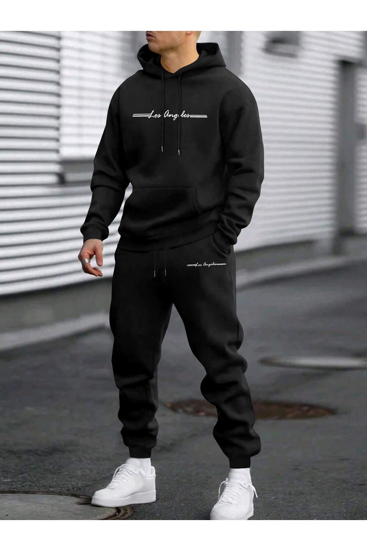 Unisex Oversize Los Angeles Hoodie & Jogger Eşofman Altı Takımı - Siyah
