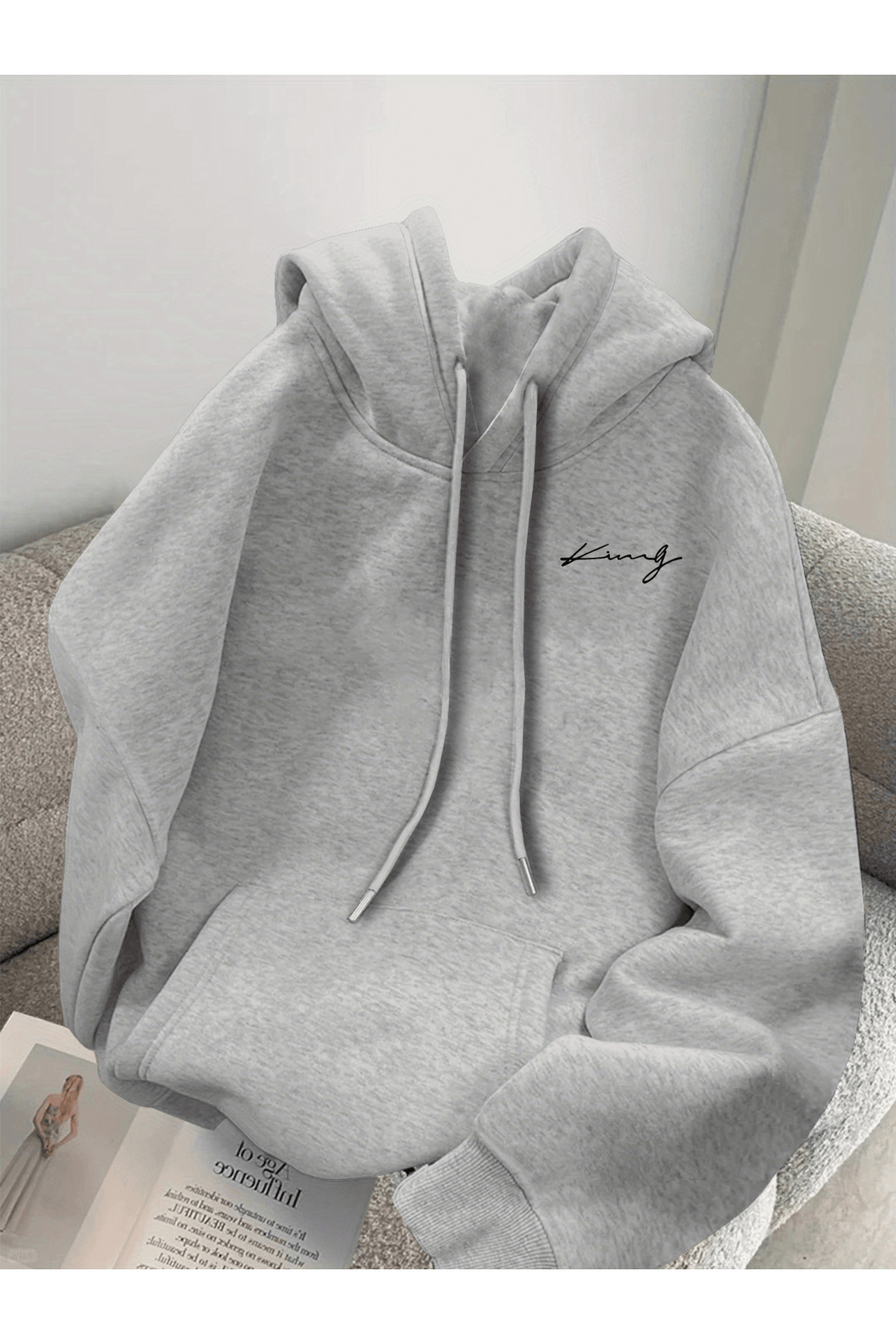 Unisex Oversize Kapüşonlu Sweatshirt King Yazılı - Gri