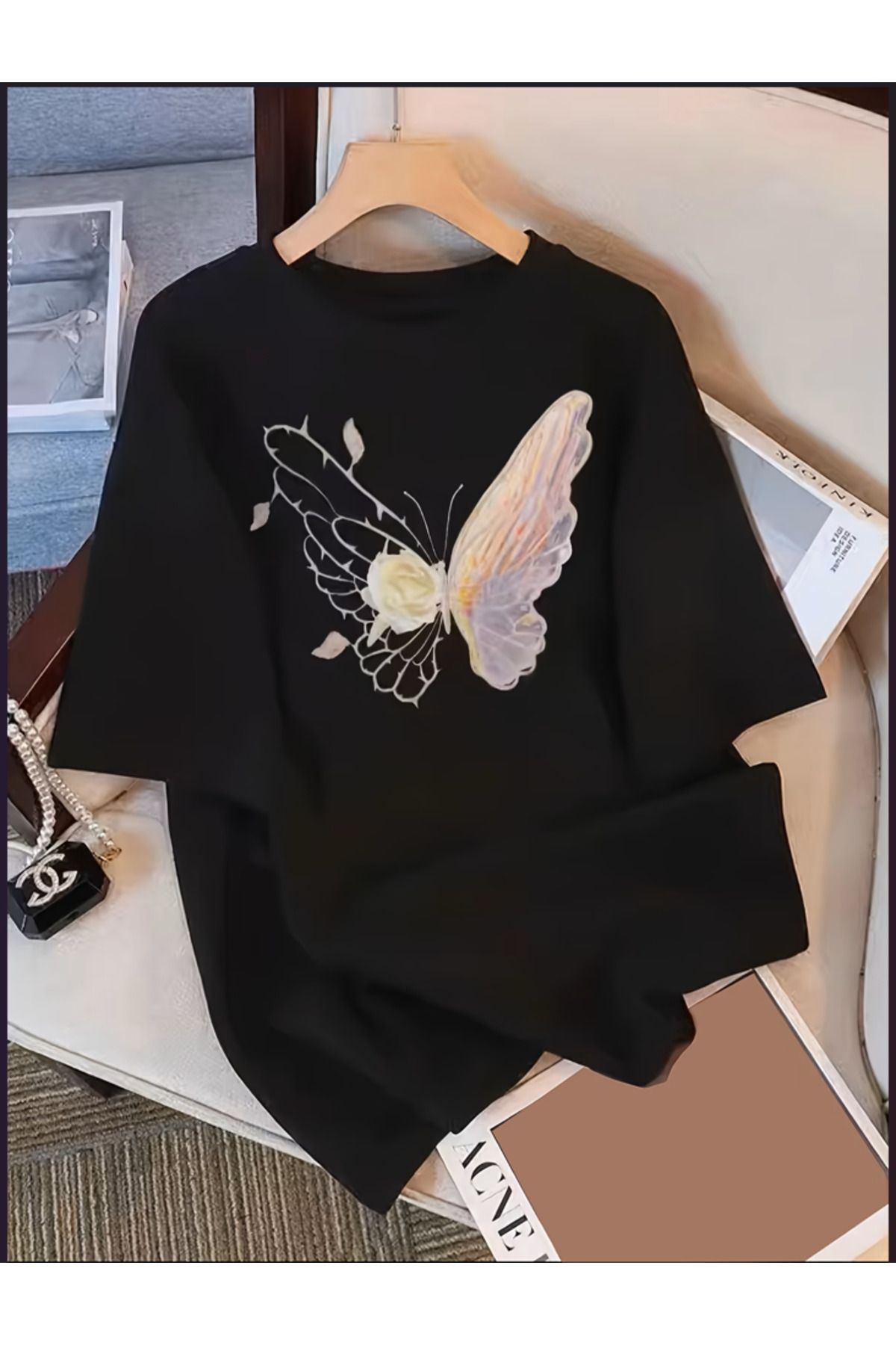 KELEBEK Baskılı Oversize Bisiklet Yaka T-Shirt - Siyah