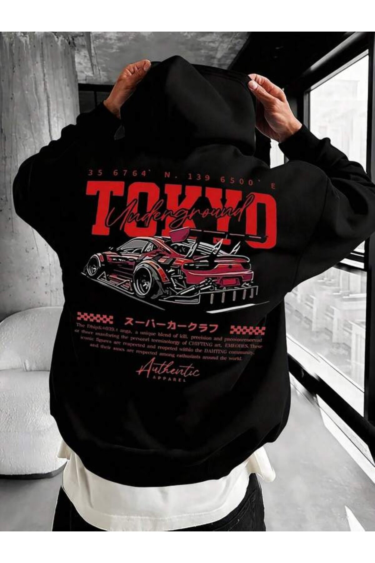 Tokyo Araba Baskılı Unisex Kapüşonlu Sweatshirt - Siyah