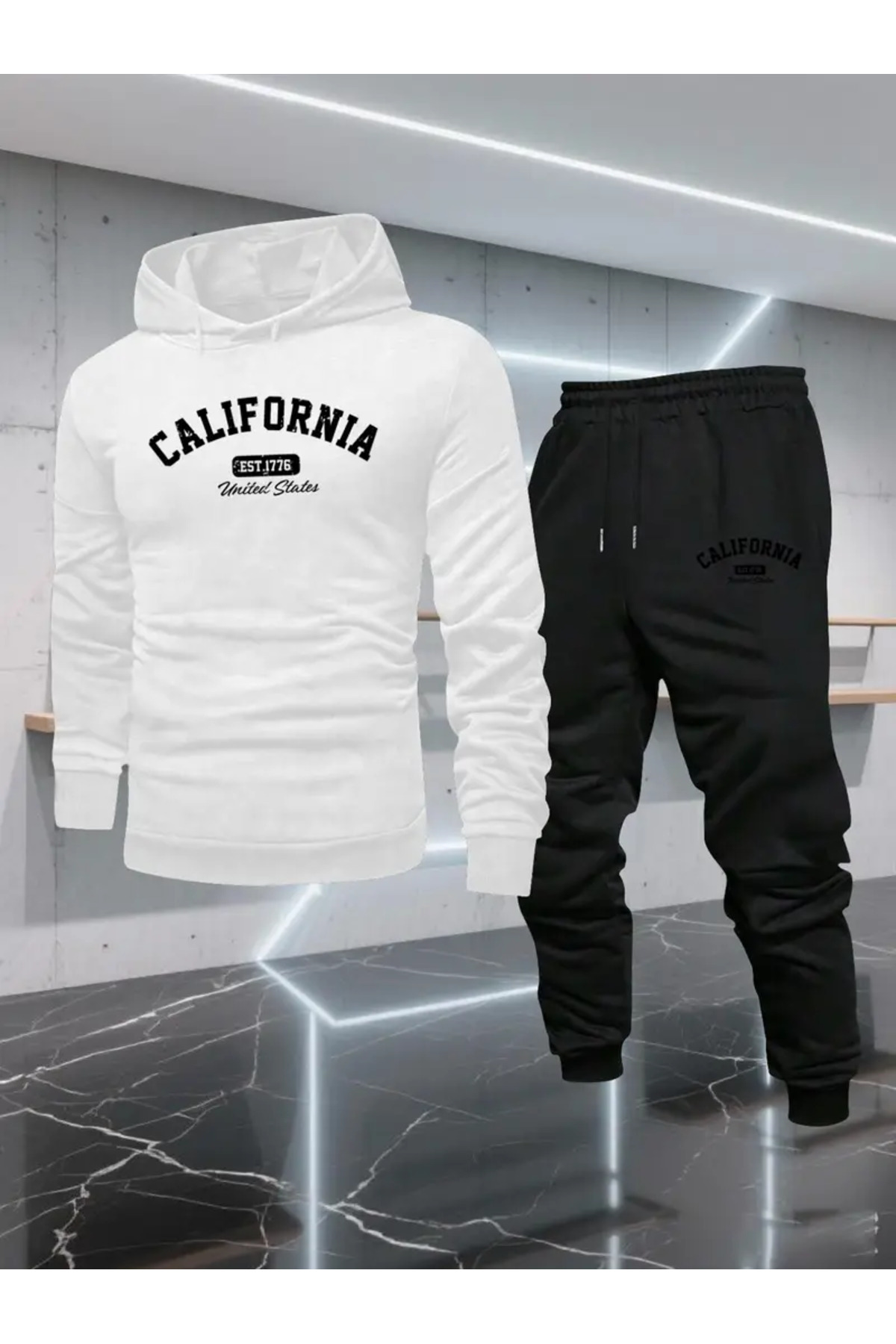 California Baskılı Kapşonlu Polar Unisex Eşofman Takımı - Beyaz