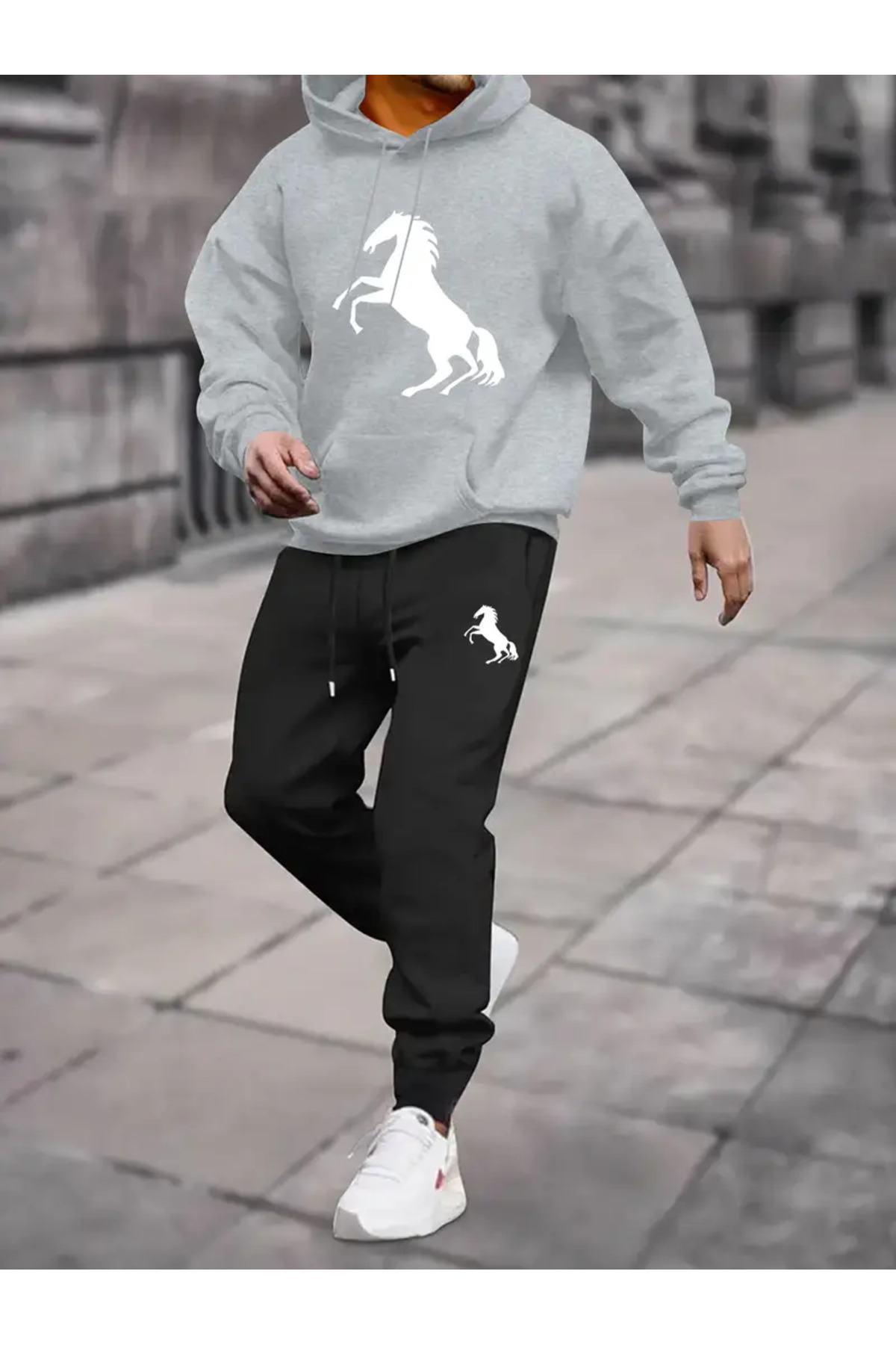 At Şekilli Baskılı Polar Astarlı Unisex Eşofman Takımı - Gri