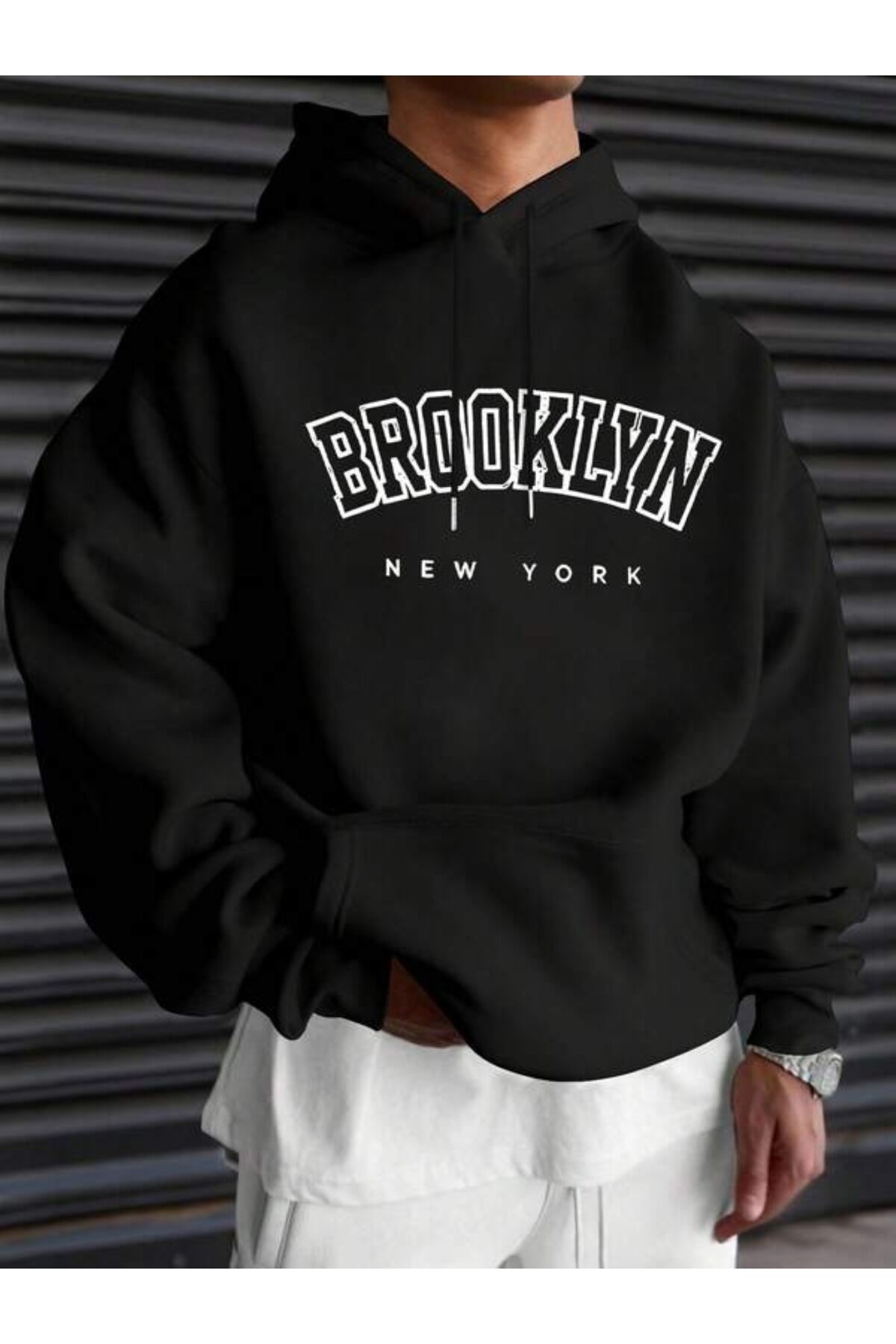 Brooklyn New York Baskılı Unisex Kapüşonlu Sweatshirt - Siyah