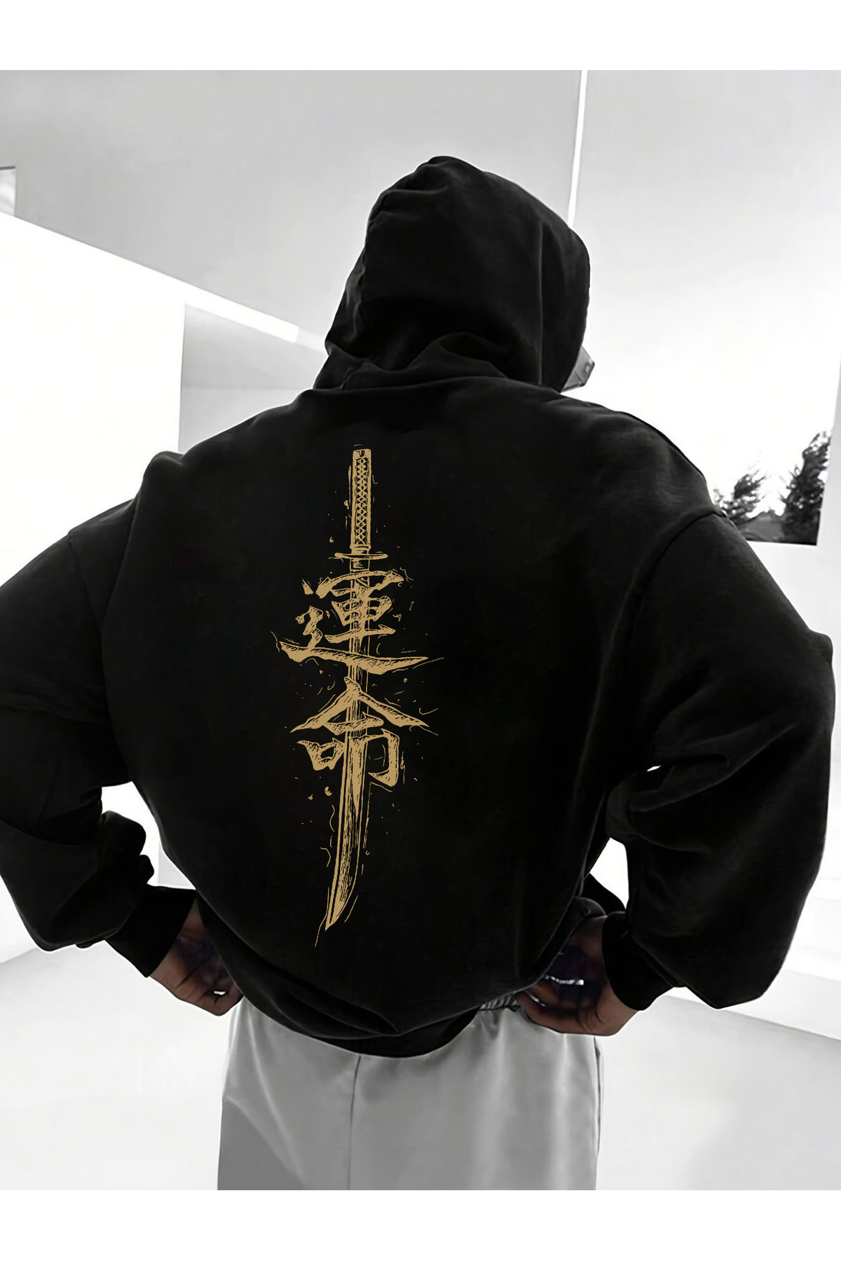Katana Baskılı Unisex Siyah Oversize Kapüşonlu Sweatshirt Hoodie - Siyah