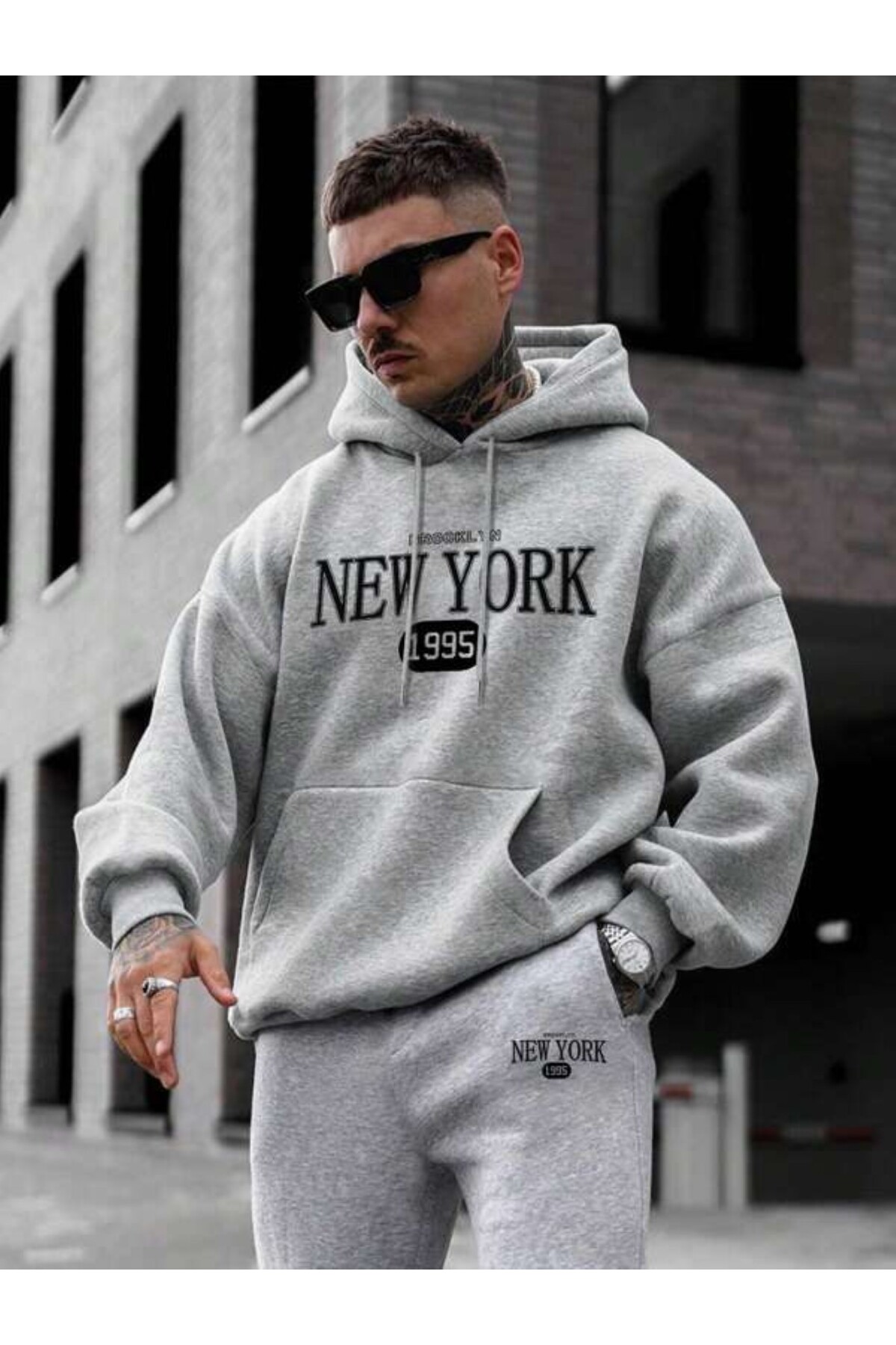 New York 1995 Baskılı Unisex Eşofman Takımı - Gri