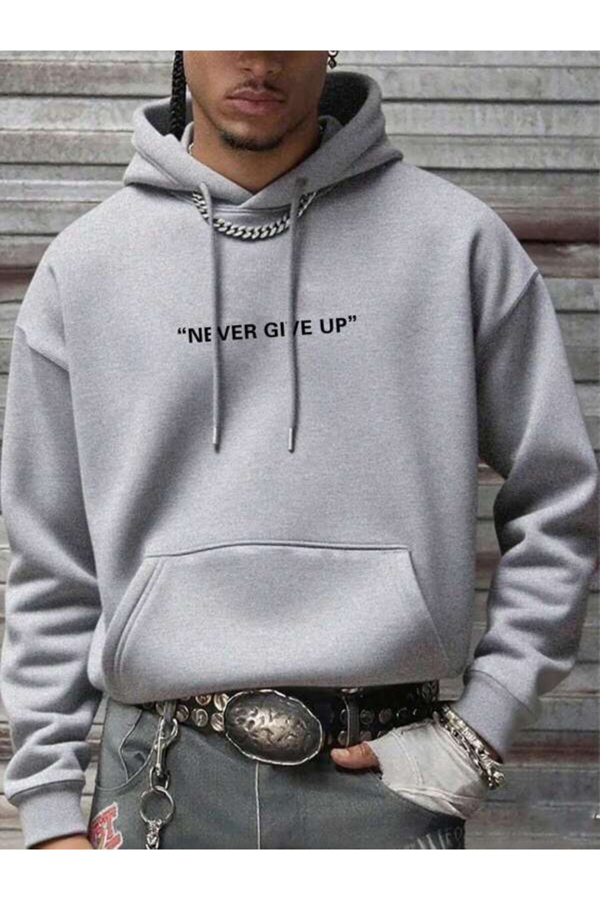Minimal Never Give Up Baskılı Unisex Hoodie - Gri