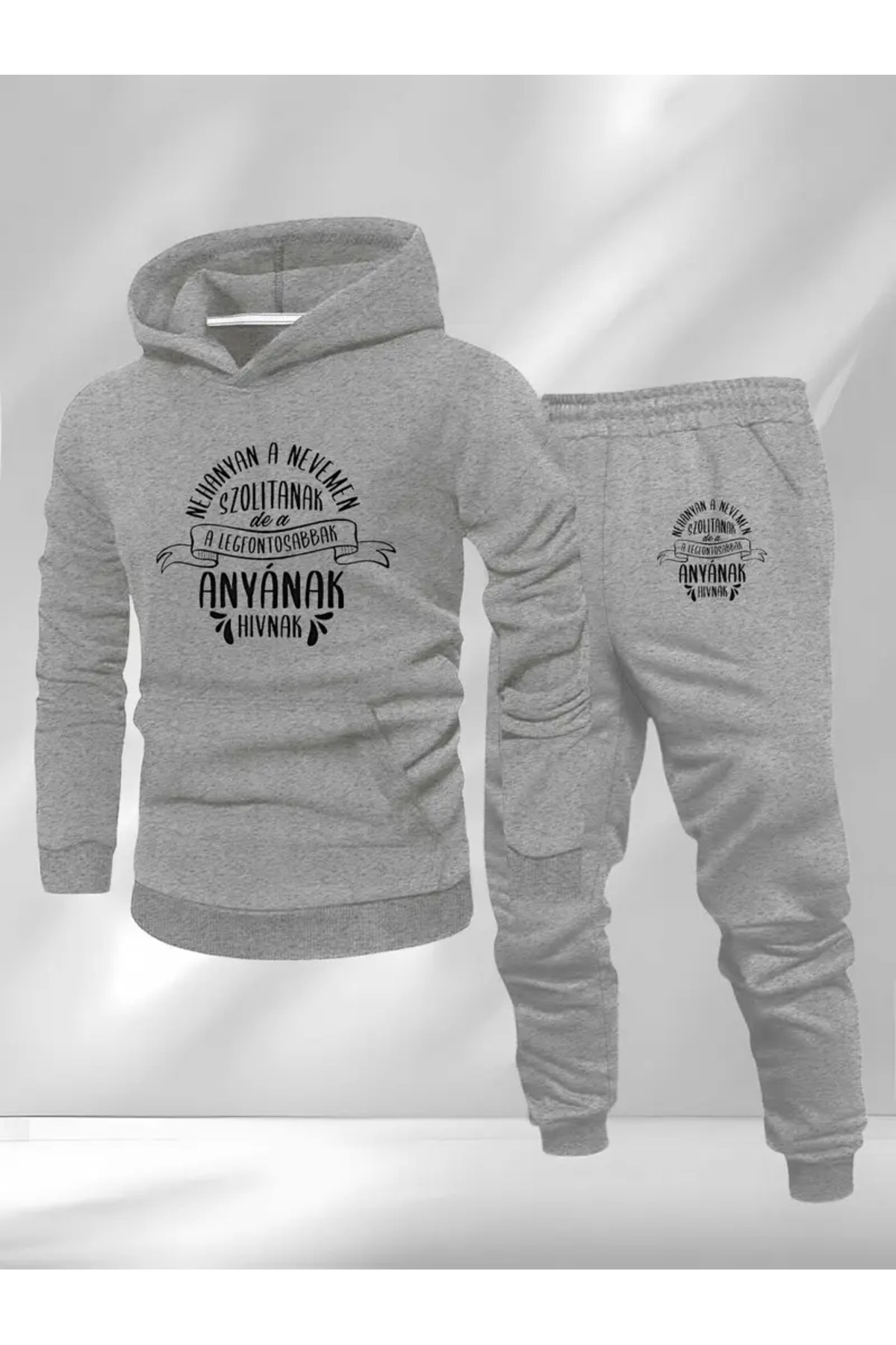 Unisex Oversize Anyának Hívnak Baskılı Hoodie & Jogger Eşofman Takımı - Siyah