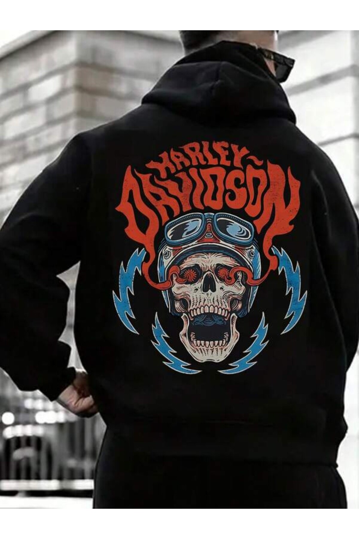 Kafatası Motosiklet Baskılı Unisex Kapüşonlu Sweatshirt - Siyah