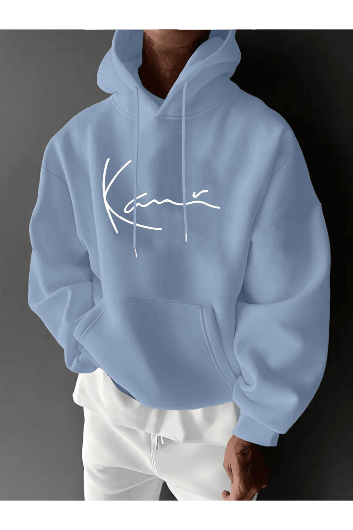 Unisex Oversize Kapüşonlu Sweatshirt Kame Yazılı - Mavi
