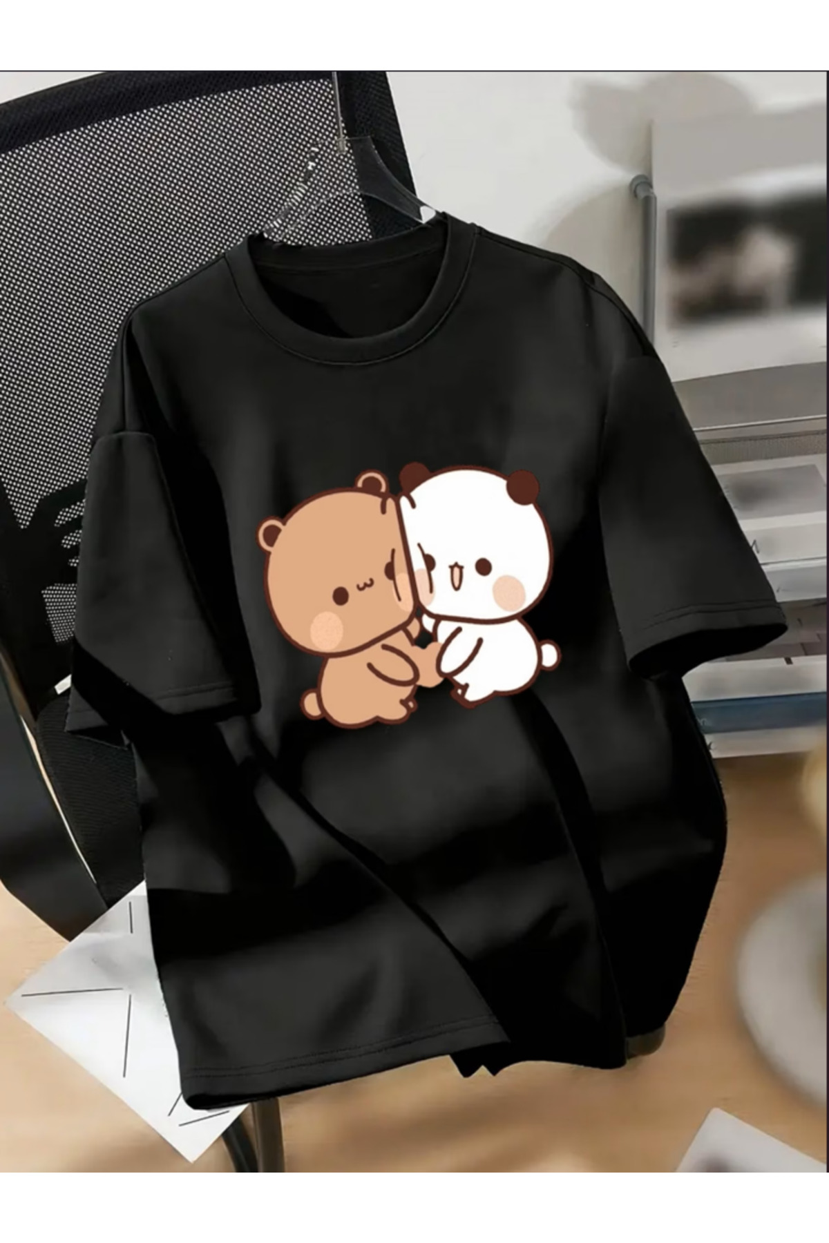 AYI Baskılı Oversize Bisiklet Yaka T-Shirt - Siyah