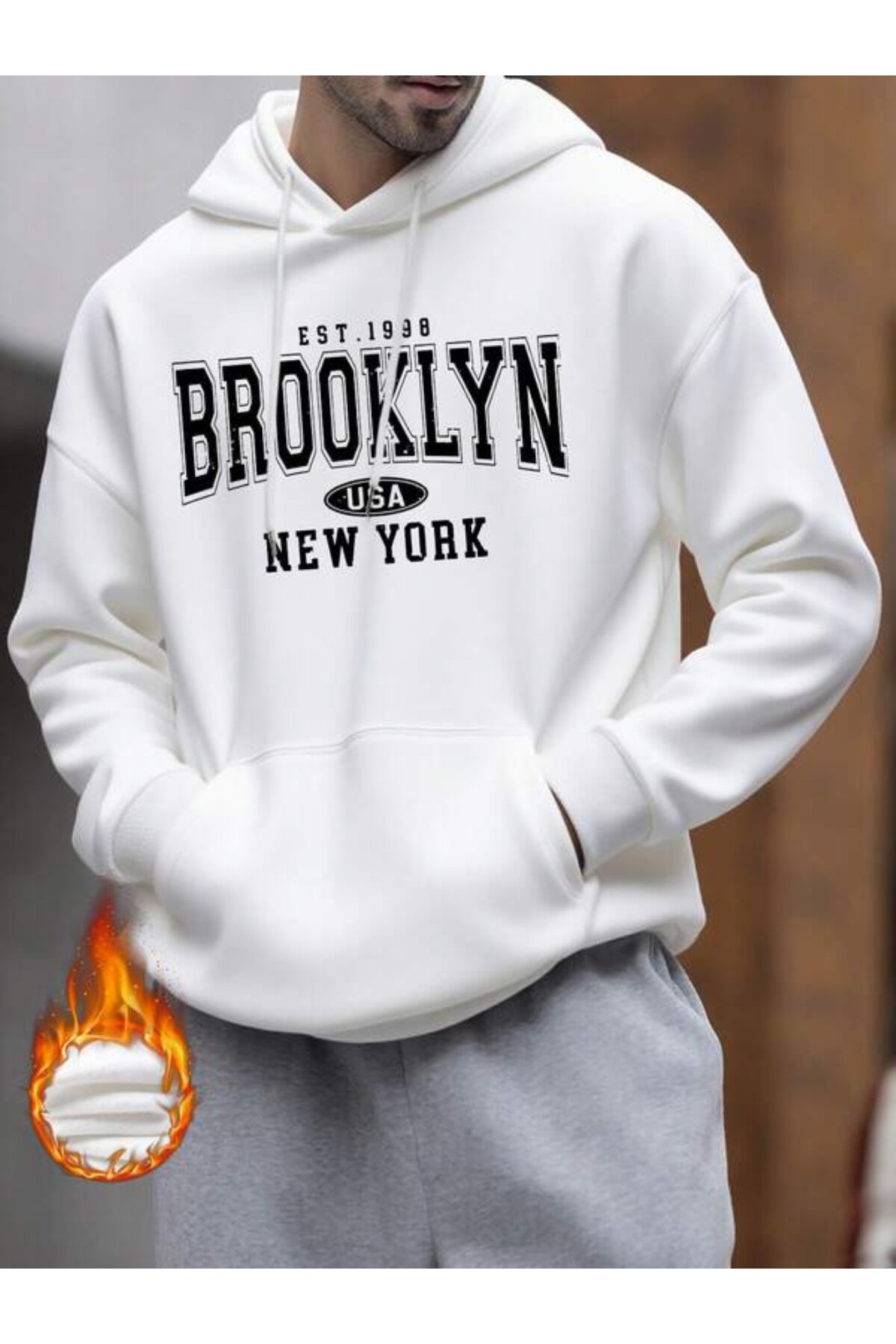 Brooklyn USA New York Baskılı Unisex Hoodie - Beyaz
