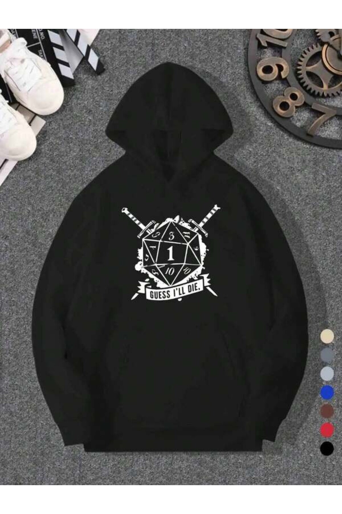 Zar ve Kılıç Temalı Baskılı Unisex Kapüşonlu Sweatshirt - Siyah