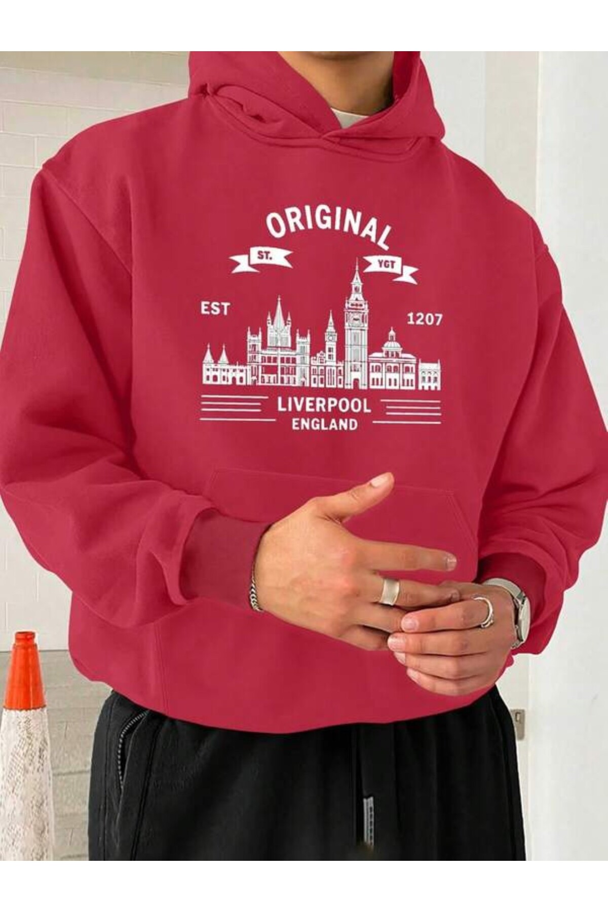 Skyline Baskılı Unisex Hoodie - Kırmızı