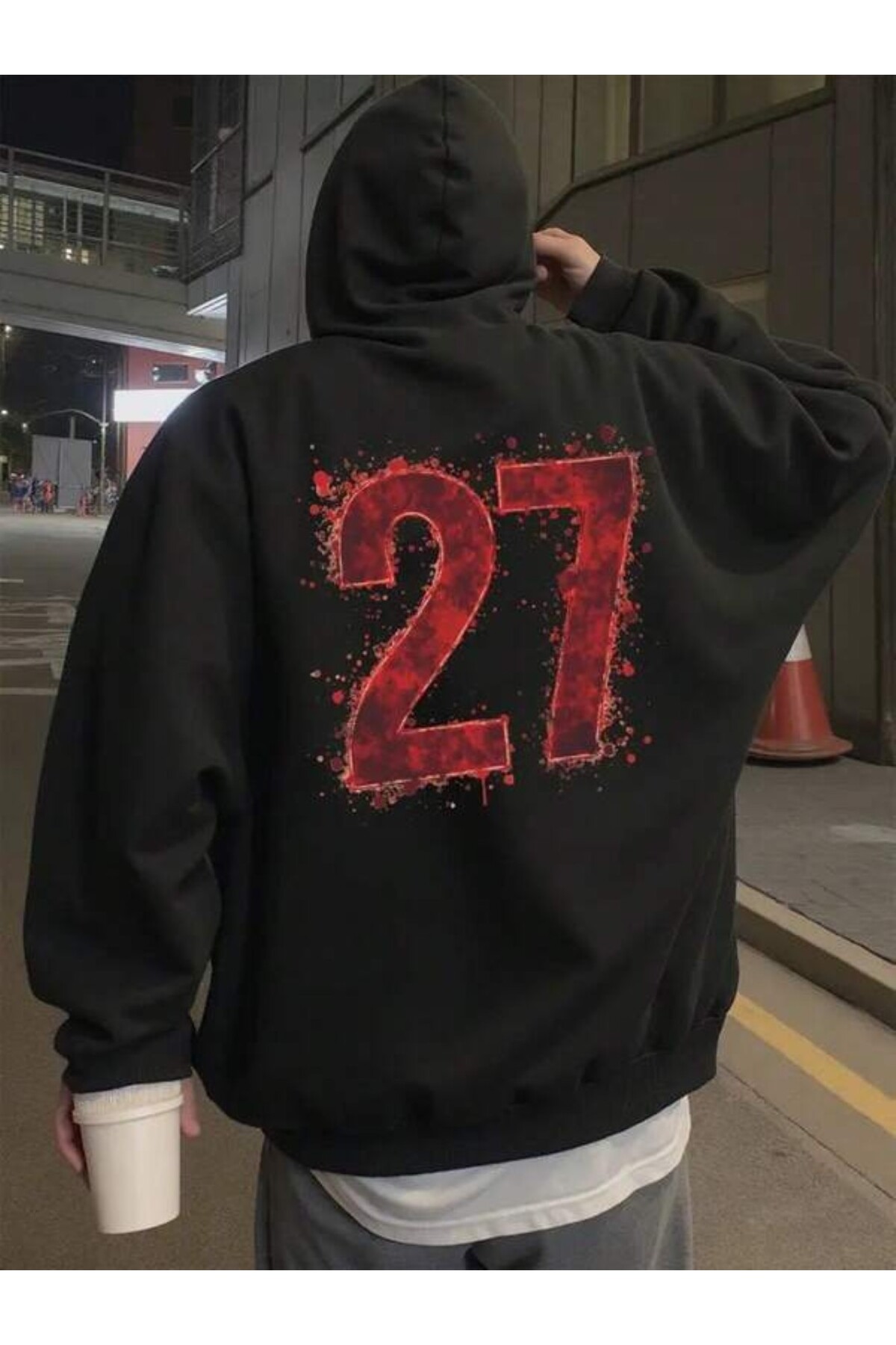 Kırmızı 27 Baskılı Unisex Kapüşonlu Sweatshirt - Siyah