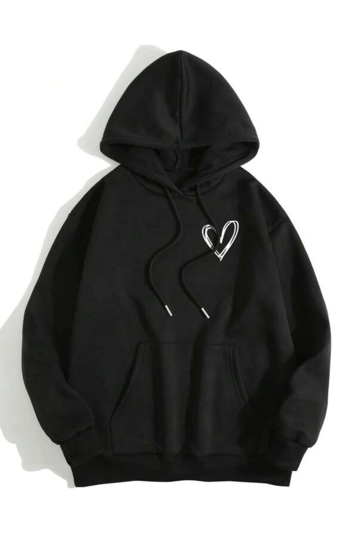 Minimal Kalp Baskılı Unisex Kapüşonlu Sweatshirt - Siyah