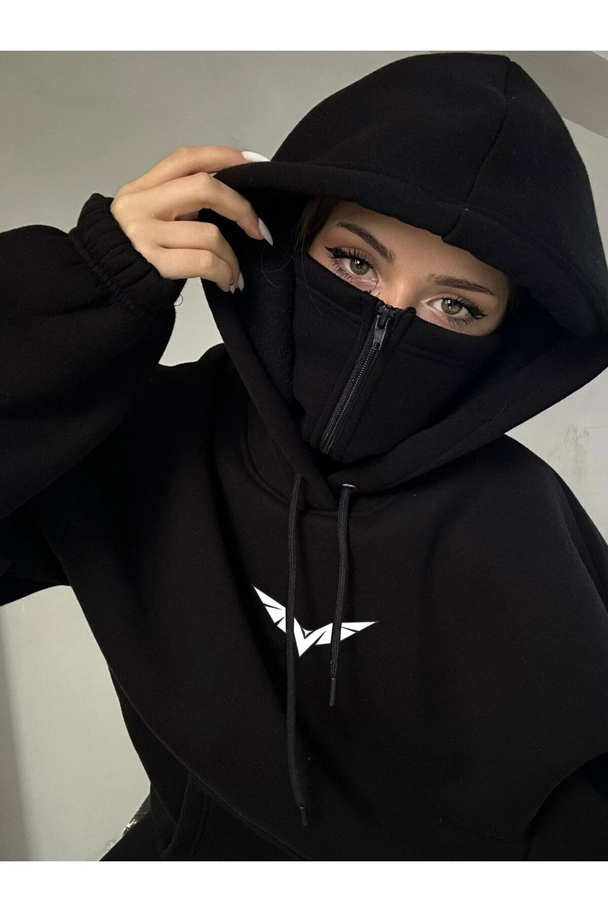 Origami Baskılı Maskeli Dikay Kapüşonlu Sweatshirt Hoodie - Siyah