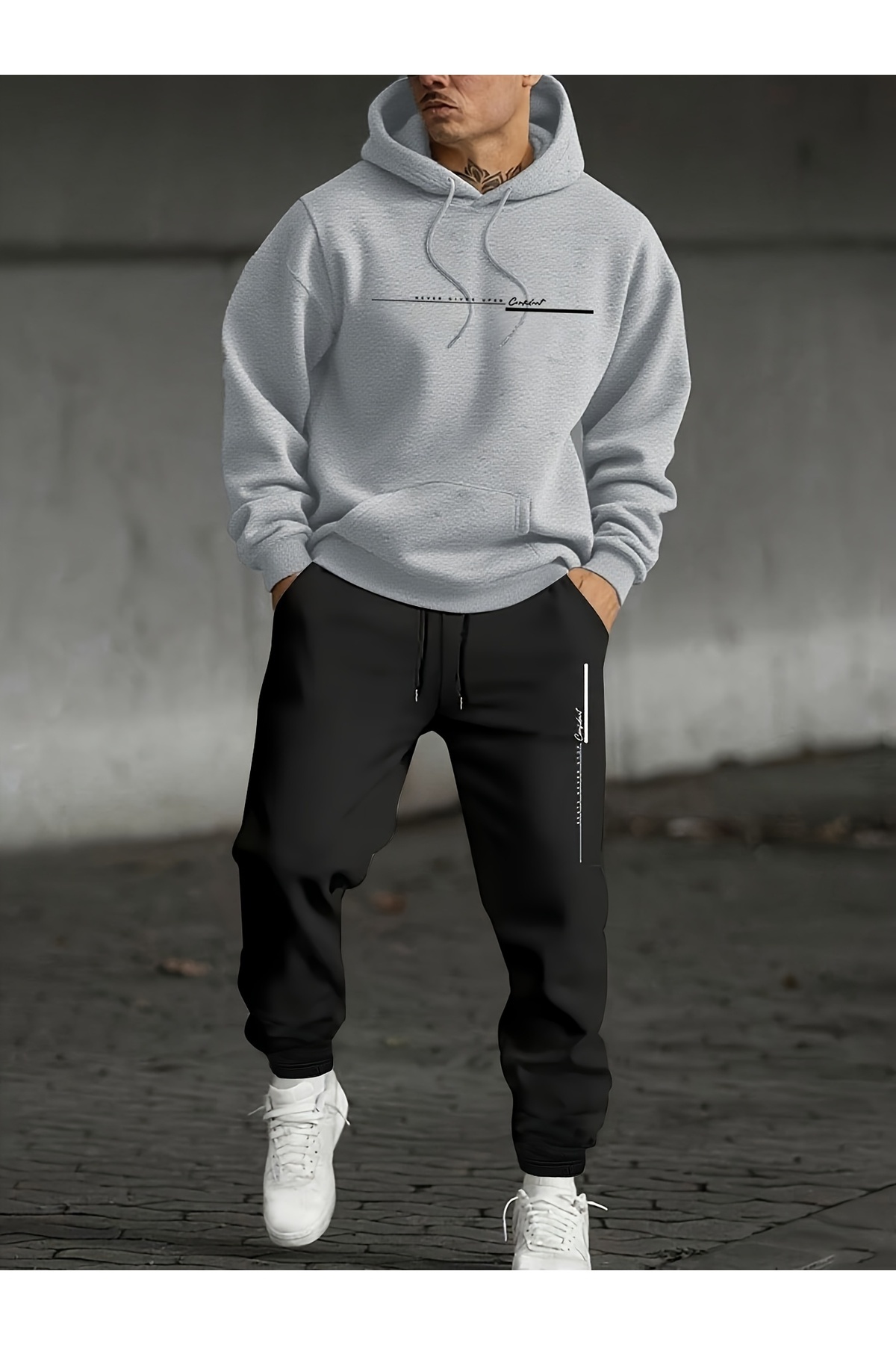 Unisex Oversize Kapüşonlu Hoodie & Jogger Eşofman Altı Takımı Yazılı Desenli - Gri