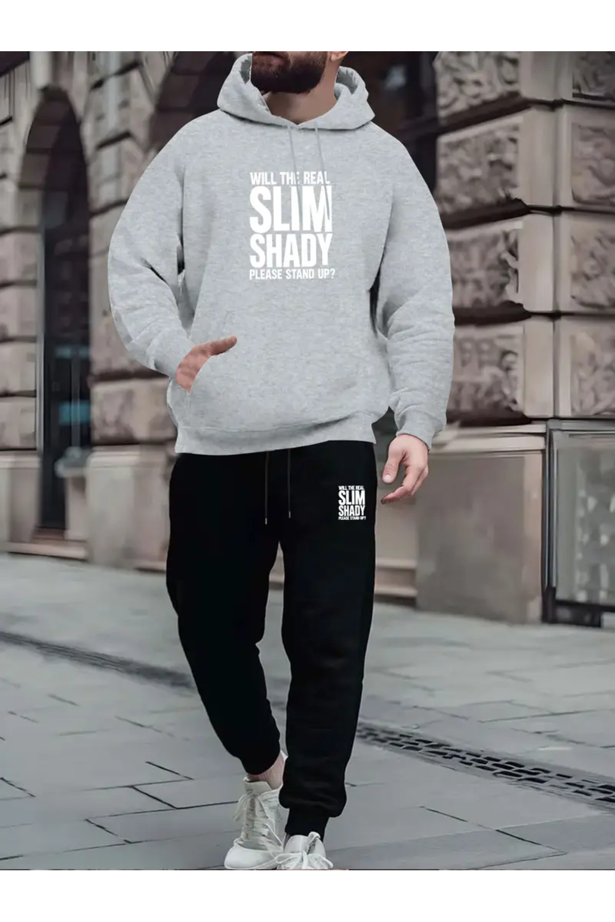Slim Shady Baskılı Polar Astarlı Unisex Eşofman Takımı - Gri