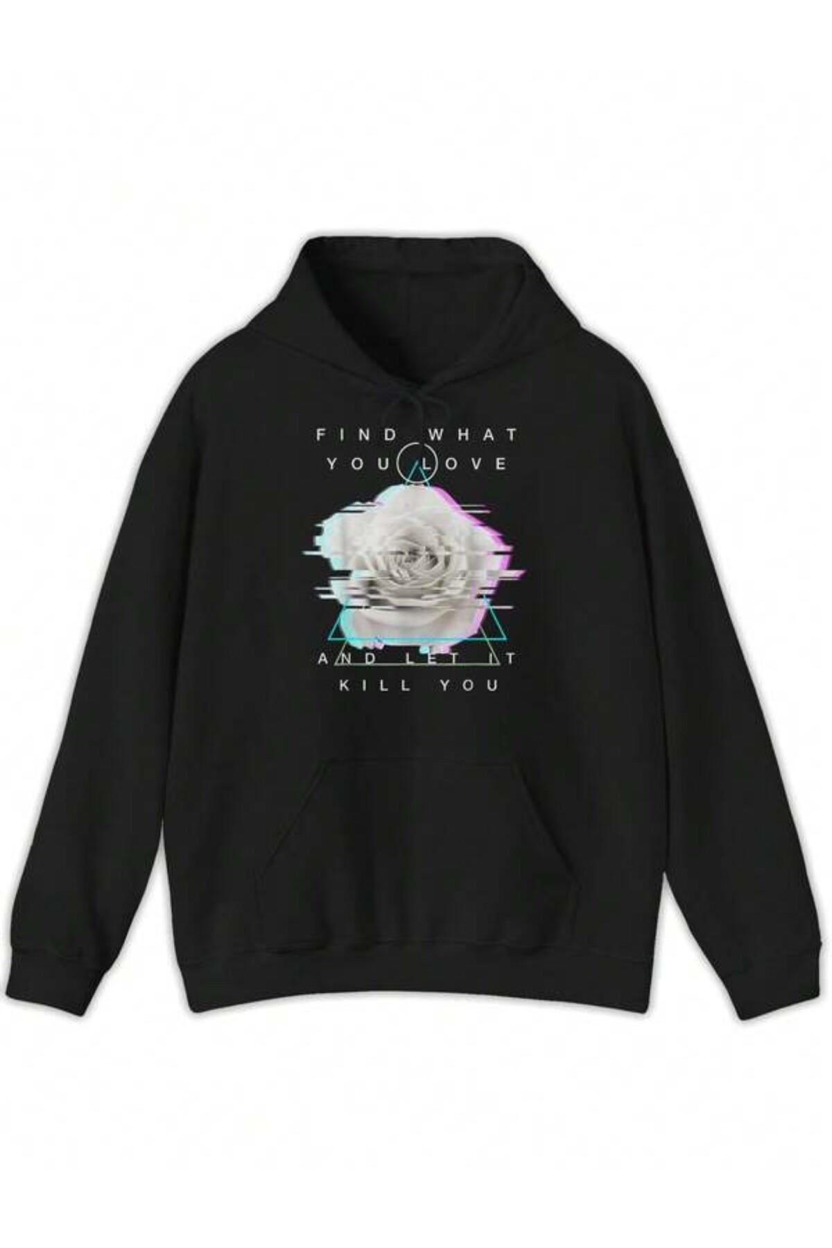 Glitch Gül Baskılı Unisex Kapüşonlu Sweatshirt - Siyah