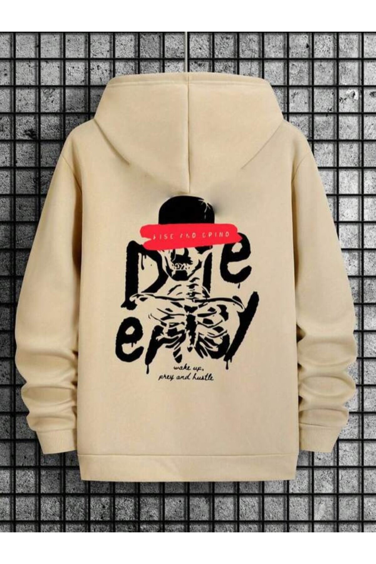 Rise & Grind Baskılı Unisex Sweatshirt - Bej