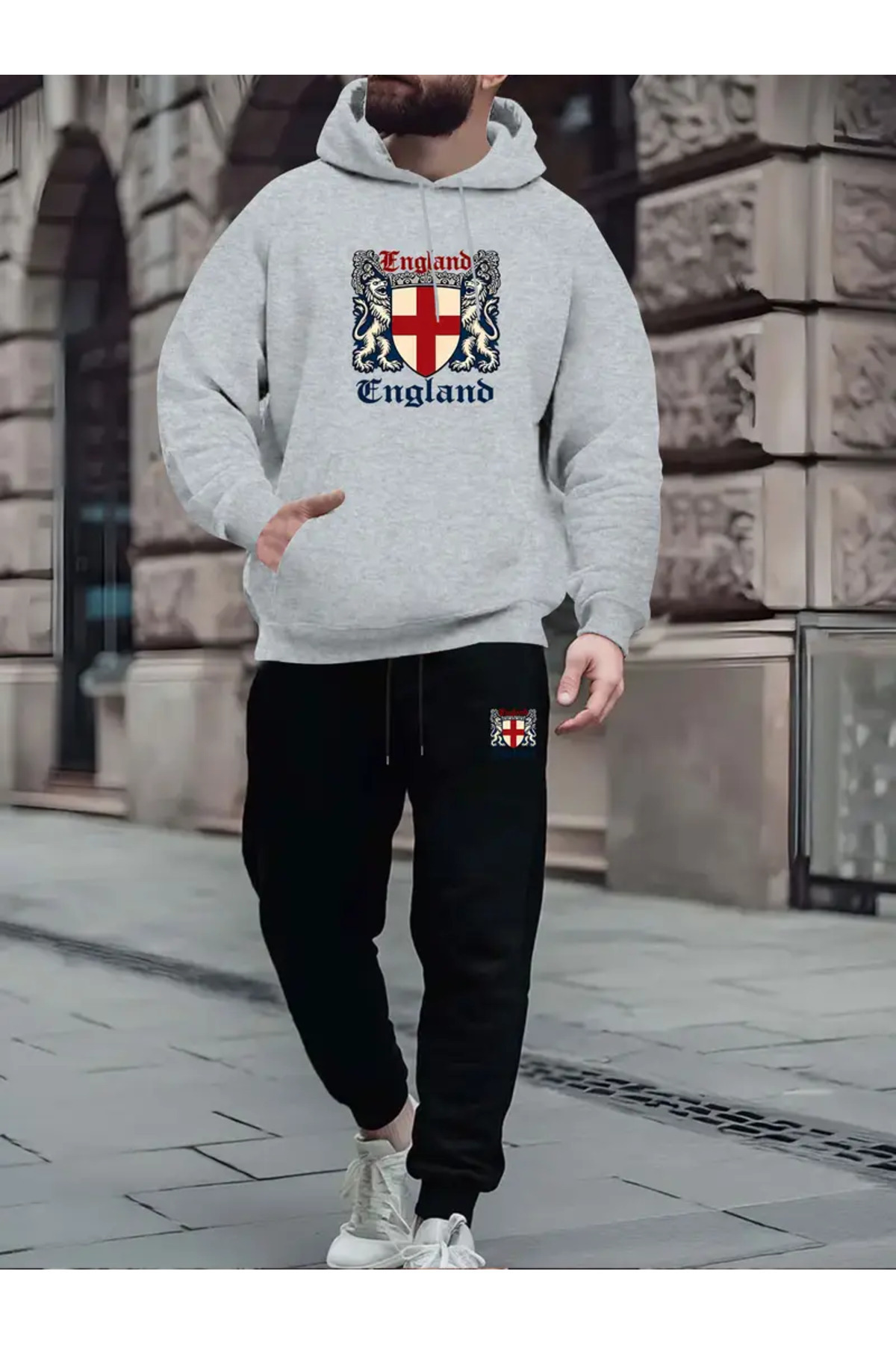 Unisex Oversize England Crest – İngiltere Arma Baskılı Hoodie & Jogger Eşofman Takımı - Gri