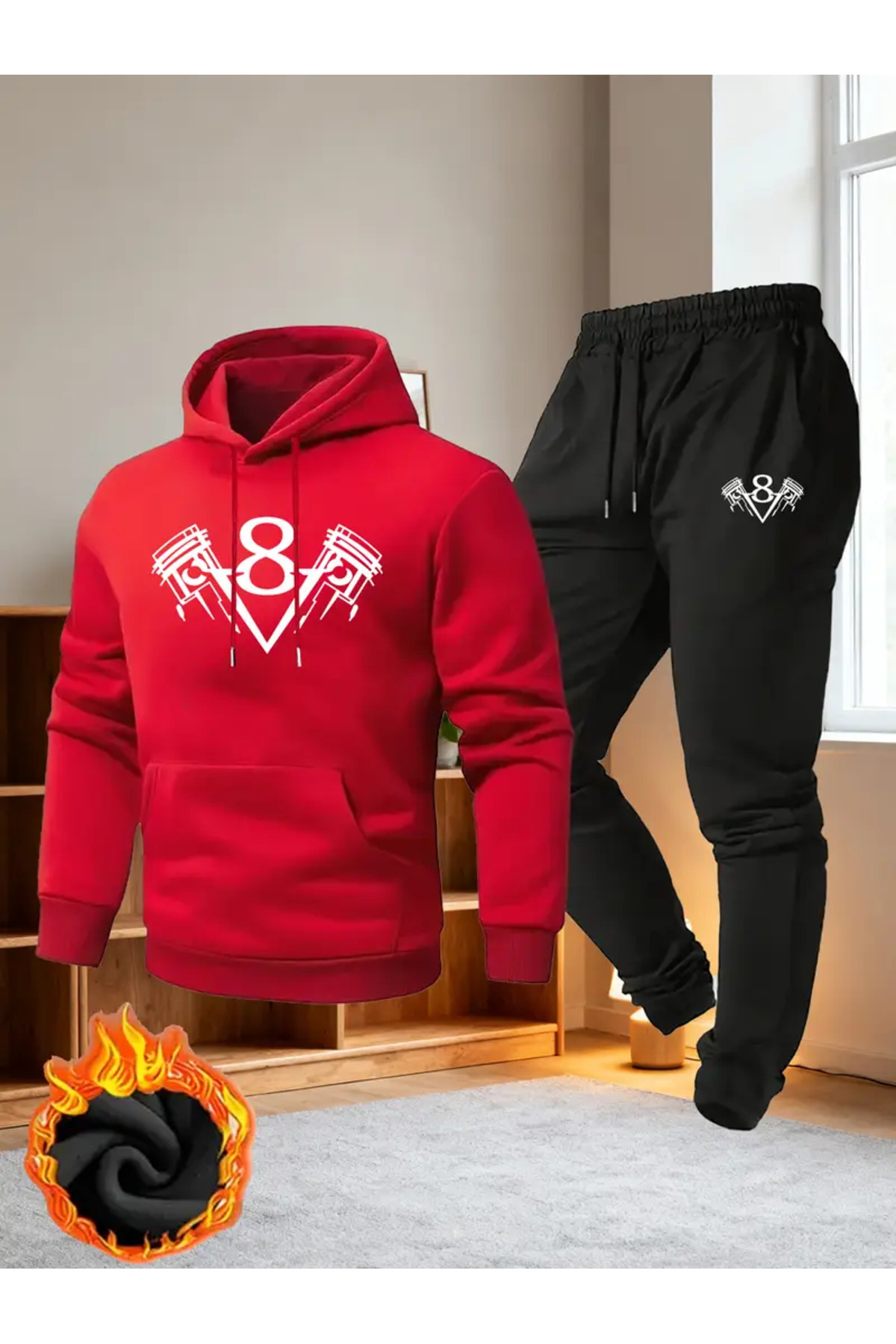 Unisex Oversize V8 Motor Piston Baskılı Hoodie & Jogger Eşofman Takımı - Kırmızı