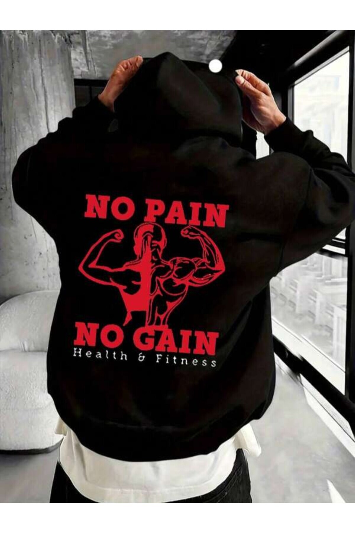 No Pain No Gain Fitness Baskılı Unisex Kapüşonlu Sweatshirt - Siyah