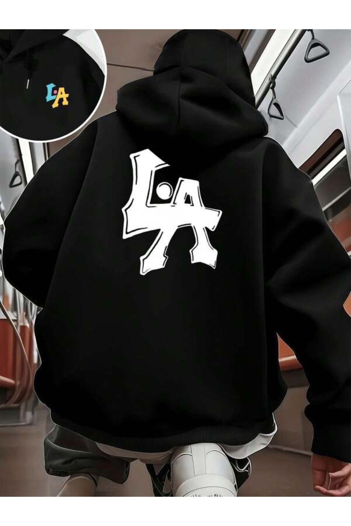 LA Logolu Baskılı Unisex Kapüşonlu Sweatshirt - Siyah