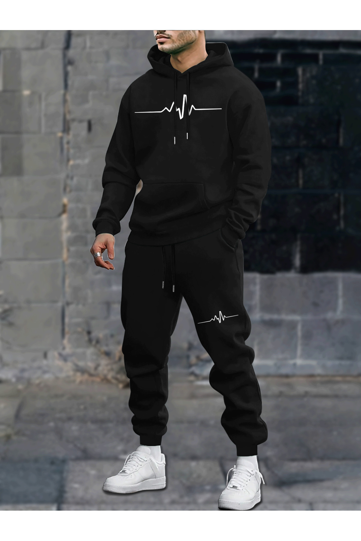 Unisex Oversize Kapüşonlu Hoodie & Jogger Eşofman Altı Takımı Nabız Desenli - Siyah