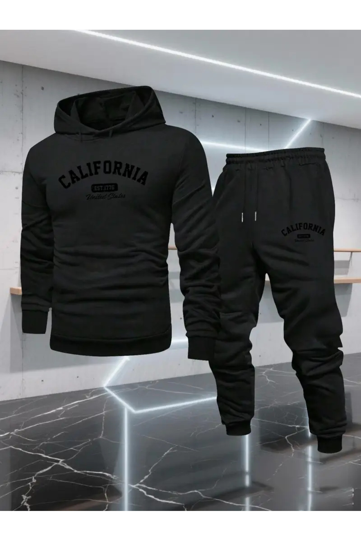 California Baskılı Kapşonlu Polar Unisex Eşofman Takımı - Siyah