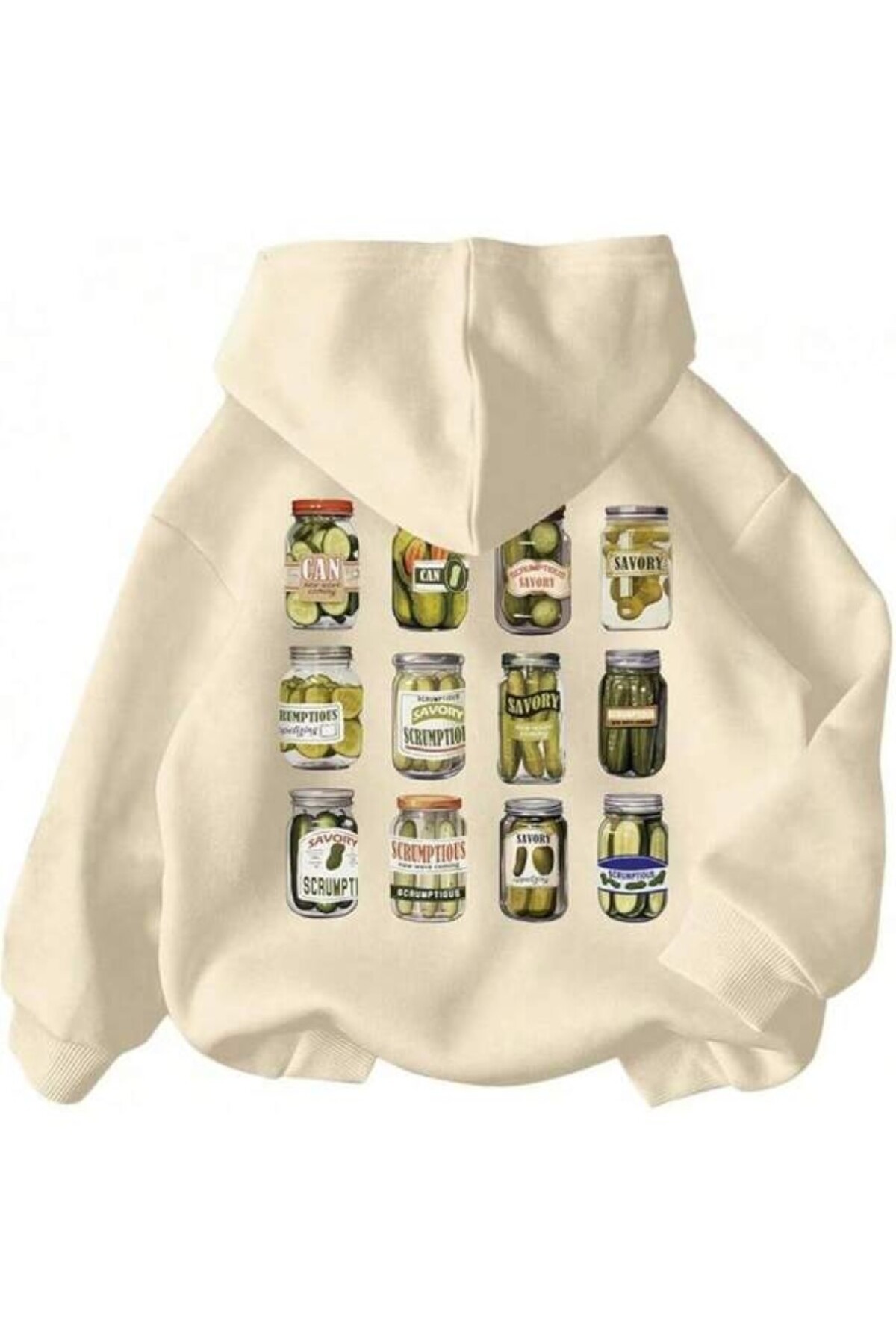 Turşu Kavanozları Baskılı Unisex Kapüşonlu Sweatshirt - Bej