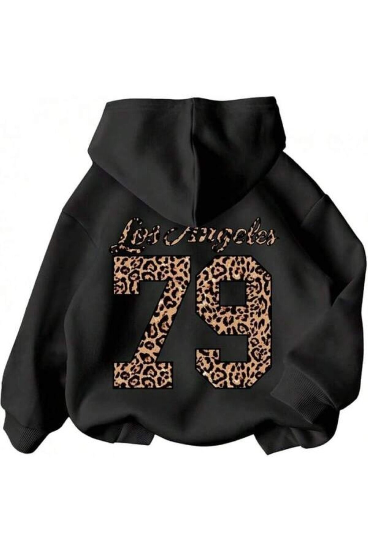 Los Angeles 79 Leopar Baskılı Unisex Kapüşonlu Sweatshirt - Siyah