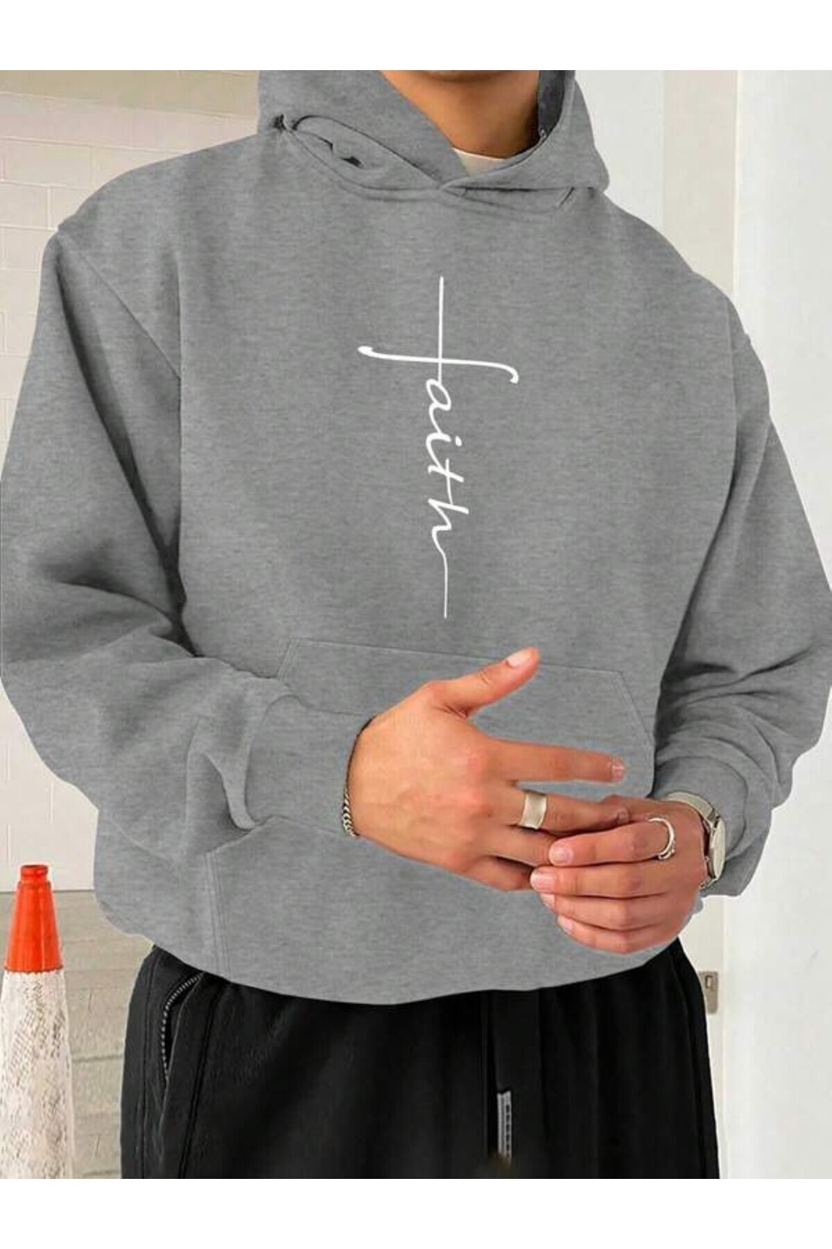 Faith Yazılı Minimal Unisex Hoodie - Gri