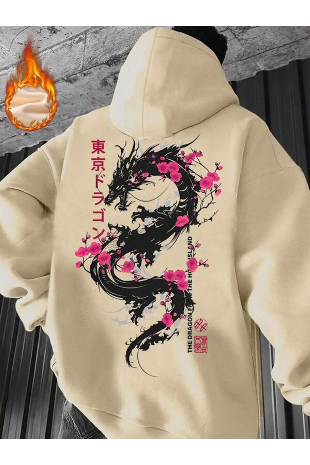 Tokyo Dragon Blossom Baskılı Unisex Hoodie - Bej