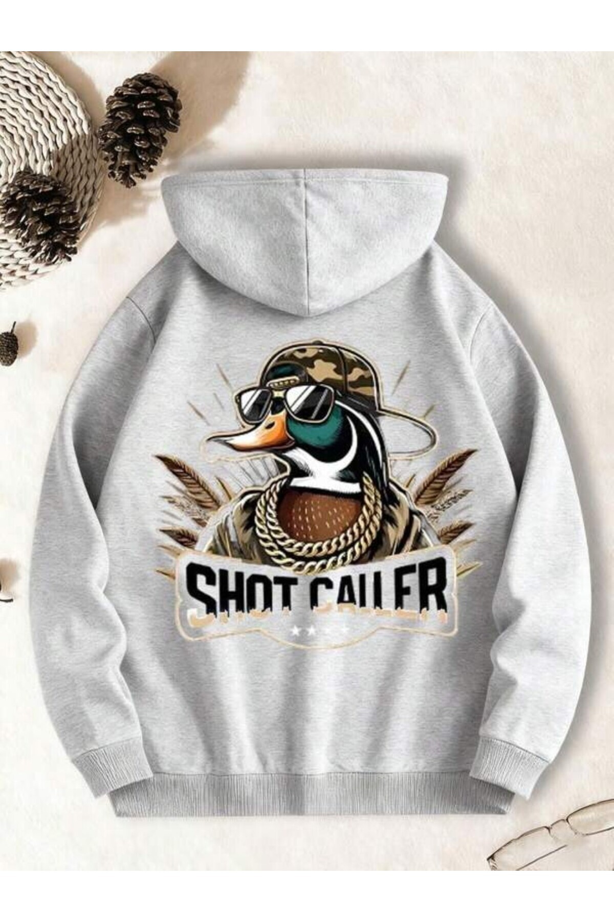 Shot Caller Ördek Baskılı Unisex Hoodie - Gri