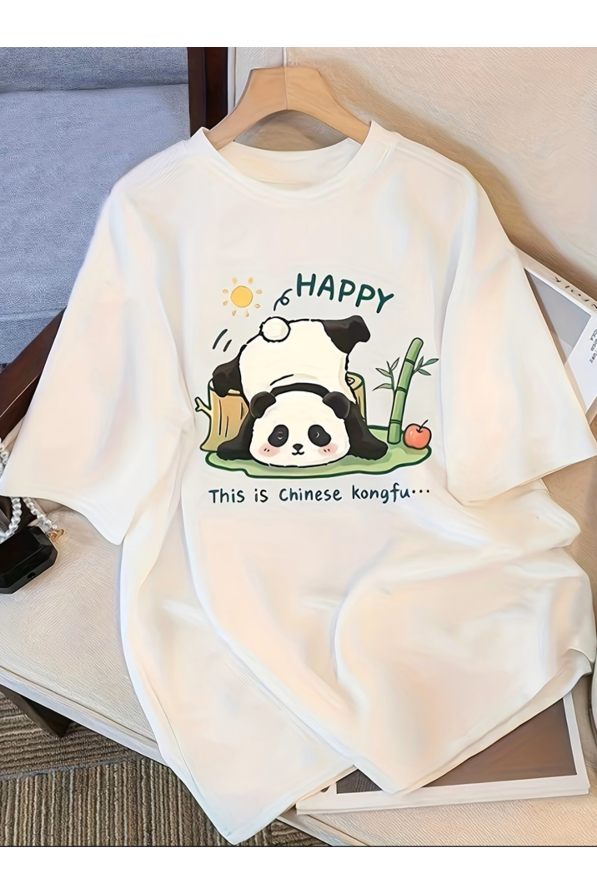 HAPPY Baskılı Oversize Bisiklet Yaka T-Shirt - Beyaz
