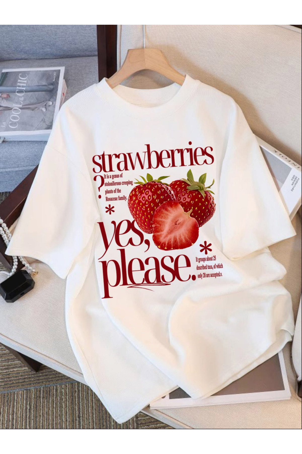 CHERRY Özel Baskılı Oversize Bisiklet Yaka T-Shirt - Beyaz