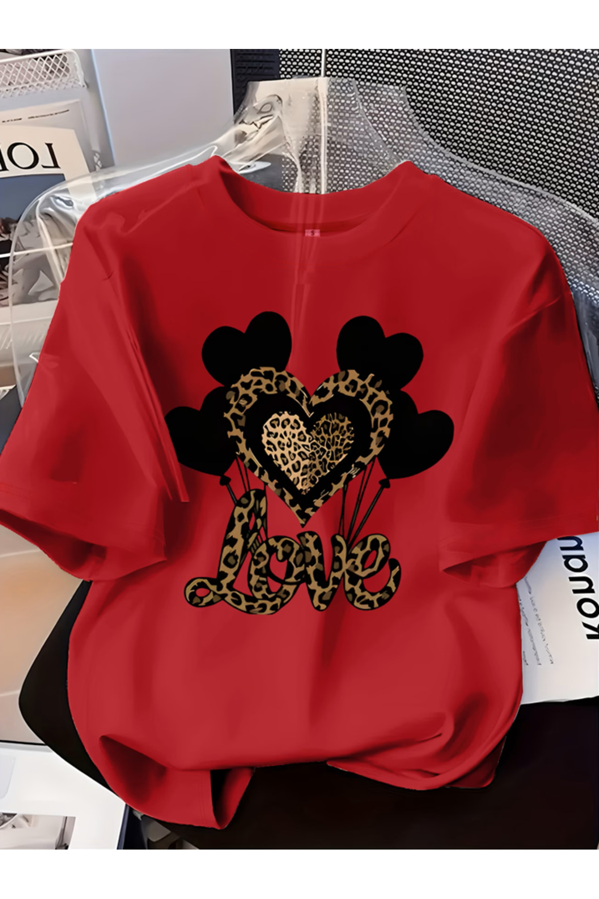 LOVE Baskılı Oversize Bisiklet Yaka T-Shirt - Kırmızı