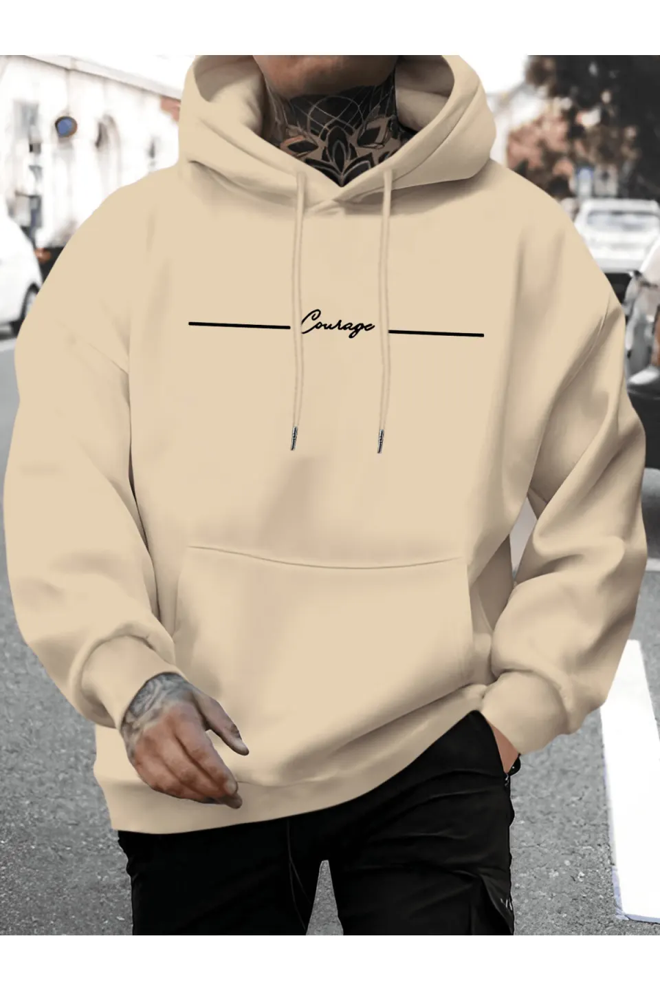 Unisex Oversize Kapüşonlu Sweatshirt Courage Yazılı - Bej