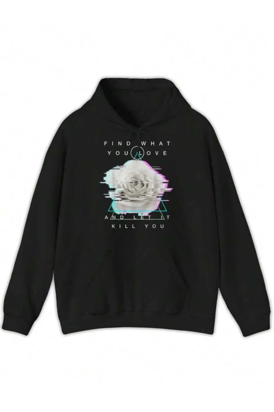 Glitch Gül Baskılı Unisex Kapüşonlu Sweatshirt - Siyah