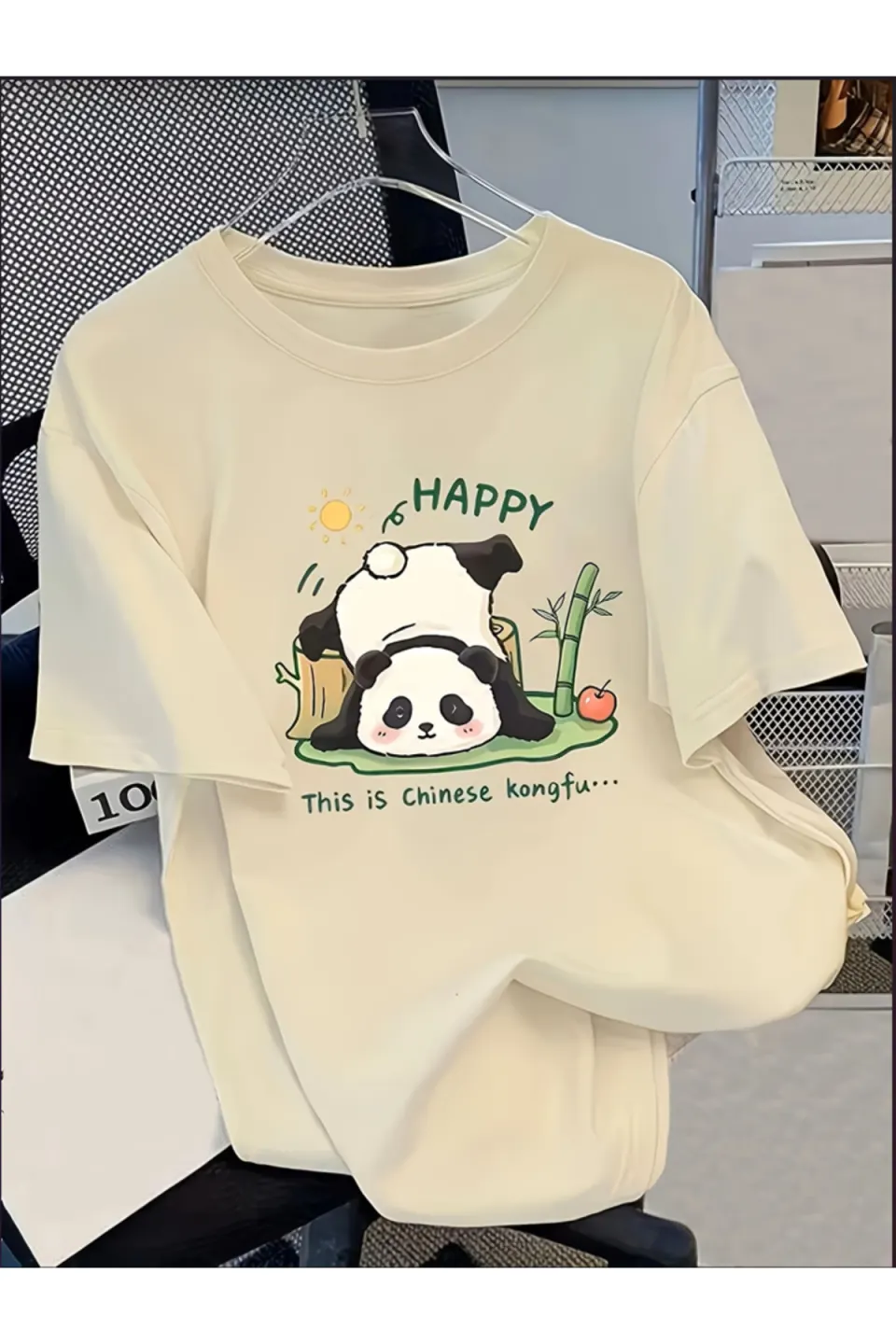 HAPPY Baskılı Oversize Bisiklet Yaka T-Shirt - Bej