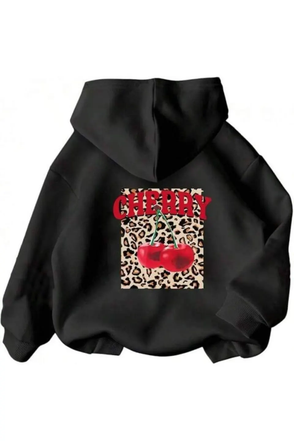 Vişne Leopar Baskılı Unisex Kapüşonlu Sweatshirt - Siyah