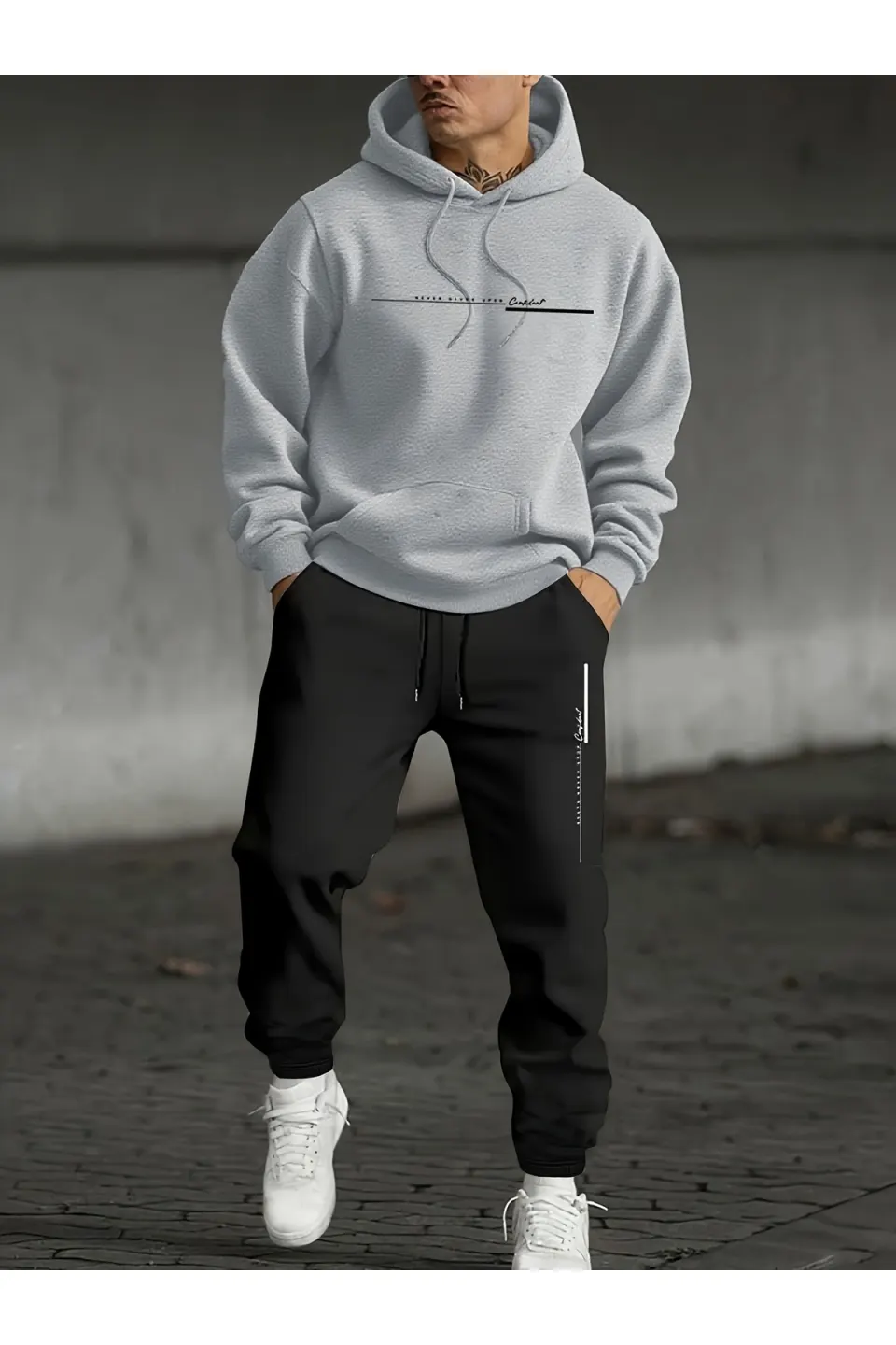 Unisex Oversize Kapüşonlu Hoodie & Jogger Eşofman Altı Takımı Yazılı Desenli - Gri