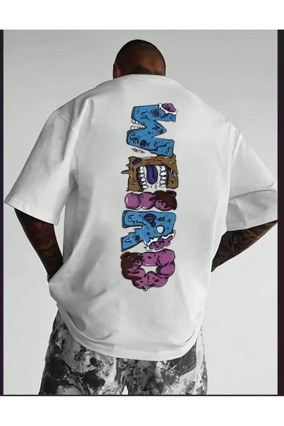 Unisex Oversize Baskılı Pamuklu Bisiklet Yaka Kısa Kollu T-shirt - Beyaz