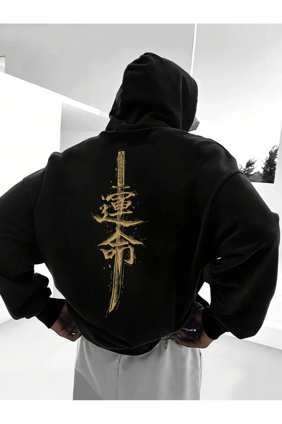 Katana Baskılı Unisex Siyah Oversize Kapüşonlu Sweatshirt Hoodie - Siyah