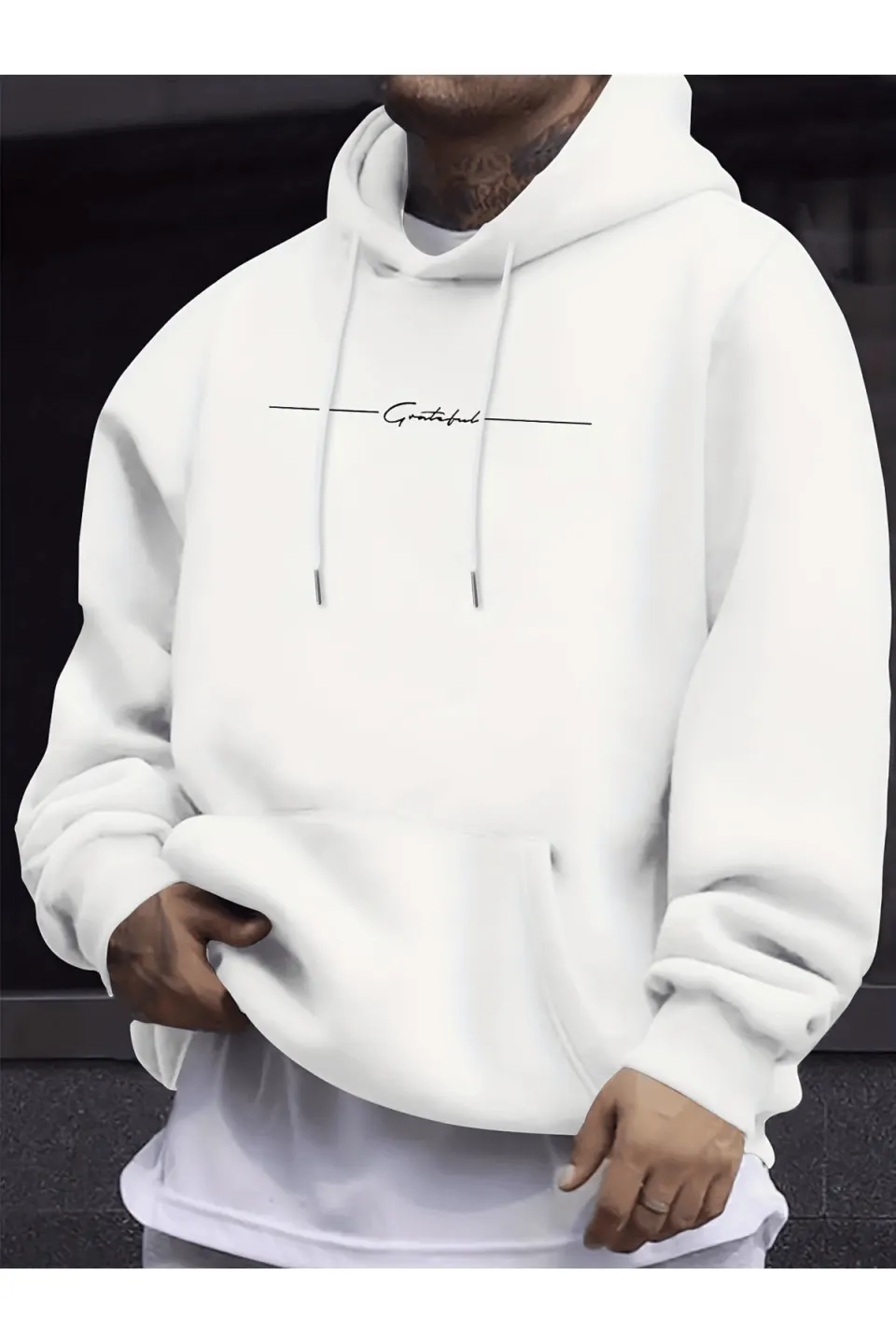 Unisex Oversize Kapüşonlu Sweatshirt Grateful Yazılı - Beyaz