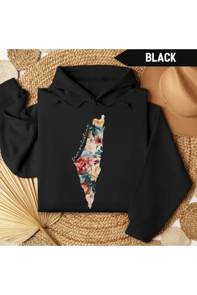 Çiçek Desenli Filistin Harita Baskılı Siyah Kapüşonlu Unisex Sweatshirt - Siyah